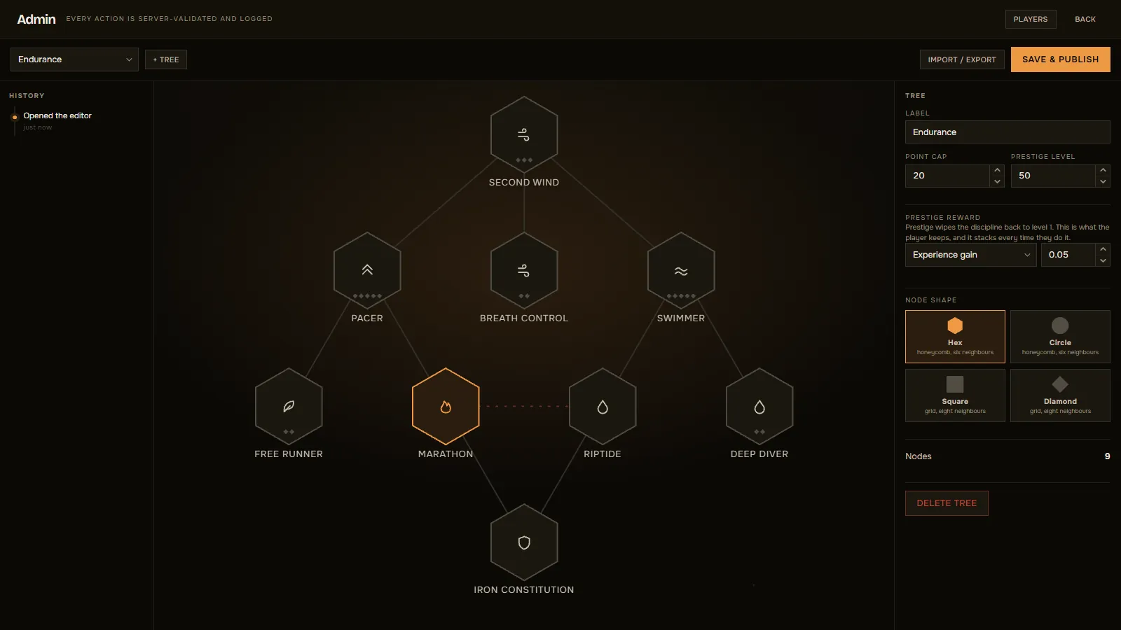 The in-game tree editor. A session history rail on the left, the Endurance tree laid out as draggable hexagons in the middle, and on the right the tree's label, point cap, prestige level and reward, a node shape picker offering hex, circle, square and diamond, and a delete control. Import, export and Save and Publish sit in the top bar.