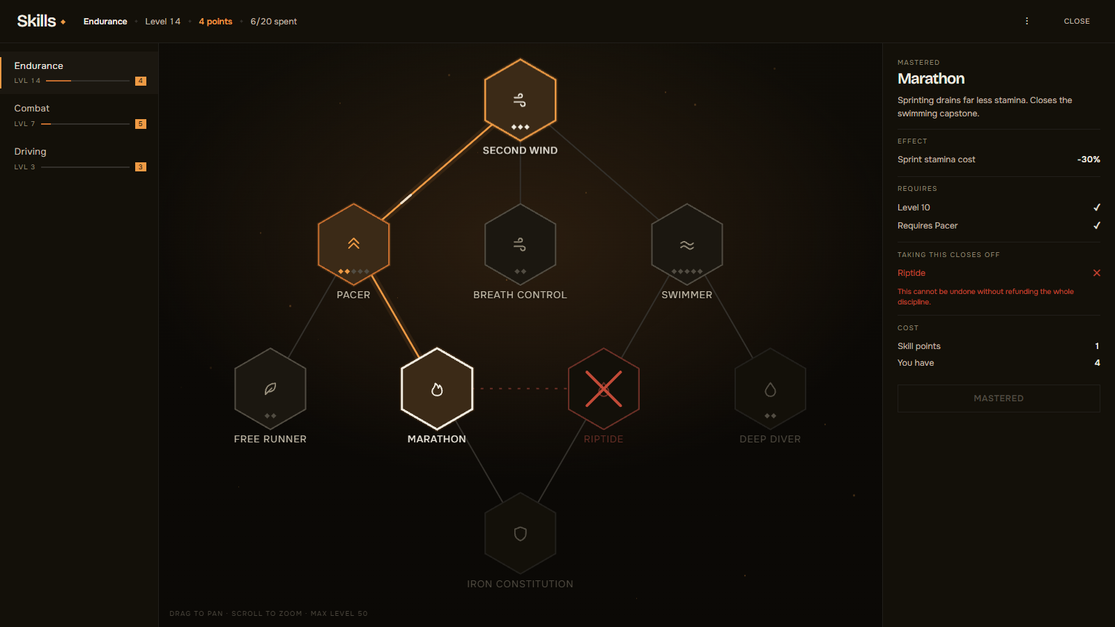 The avr_skilltree interface in game. The Endurance tree with Marathon selected; the detail panel states its effect, its requirements, that taking it closes off Riptide, and what it costs.