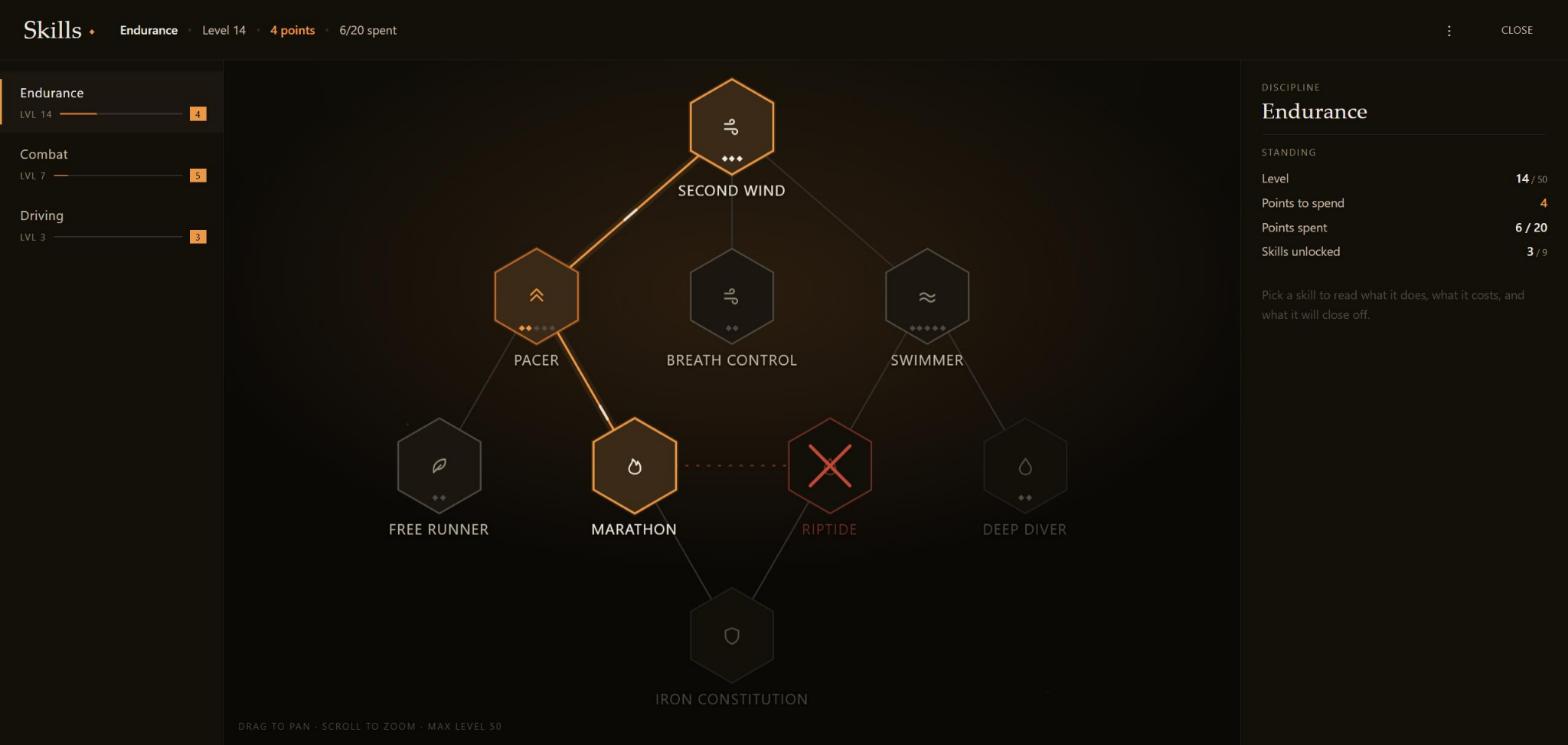 The avr_skilltree interface: a constellation of hexagonal skill nodes linked by ember lines on a warm black canvas, with a discipline rail on the left and a skill detail panel on the right.