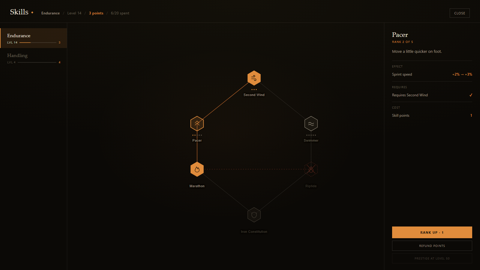 The avr_skilltree interface: a constellation of hexagonal skill nodes linked by ink lines on a warm black canvas, with a discipline rail on the left and a skill detail panel on the right.